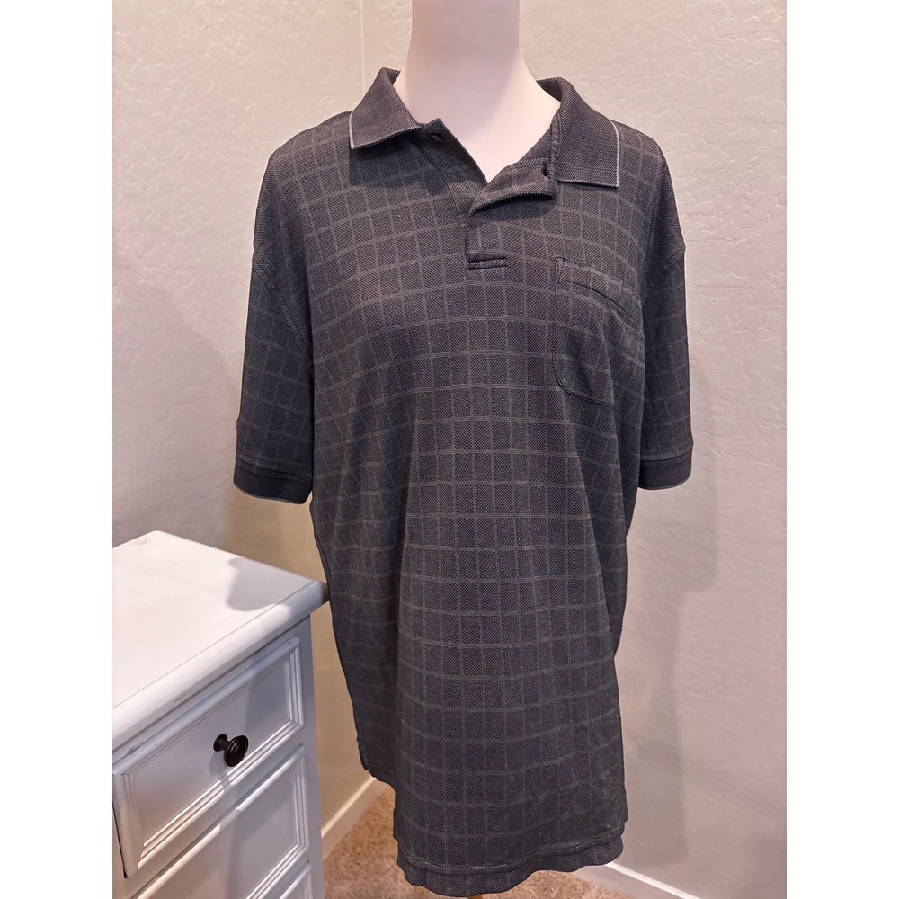Van Heusen Micro Touch Mens Large Charcoal Grey Grid Pattern Polo Shirt Pocket
